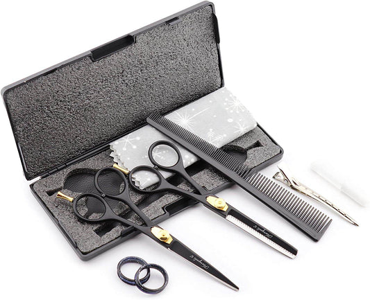 Haryali Black 6 Inch Hairdressing Barber Scissors Thinning Shears Set - HARYALI LONDON