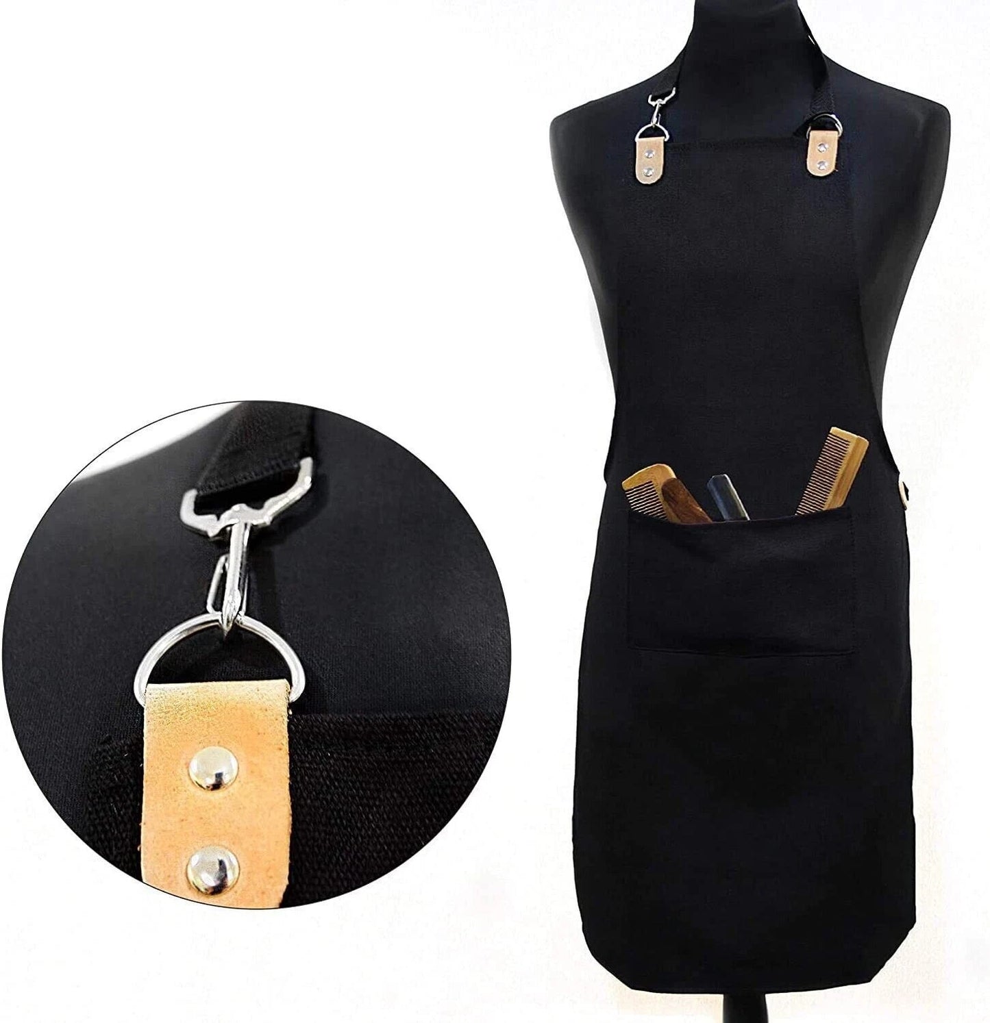 Waterproof Personalised Barber Apron Black with Pockets & Leather Straps - HARYALI LONDON
