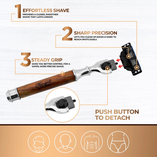 Smart Grip Round 3 Blade Shaving Razor in Wooden Finish - HARYALI LONDON