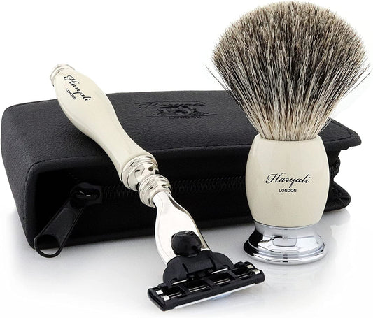 Haryali London 3Pcs Shaving Kit with 3 Edge Razor & Super Badger Brush with Leather Pouch - Shaving Gift Set - HARYALI LONDON