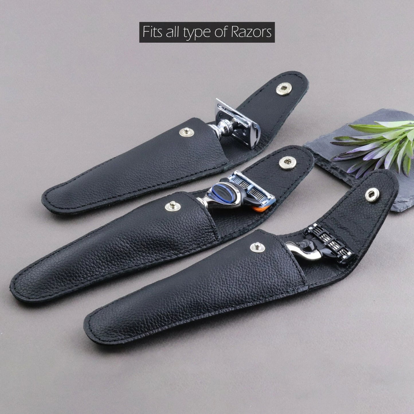 Black Leather Razor Pouch Travel Case for 5 Blade Razors - HARYALI LONDON