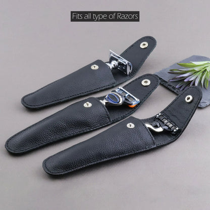Black Leather Razor Pouch Travel Case for 5 Blade Razors - HARYALI LONDON