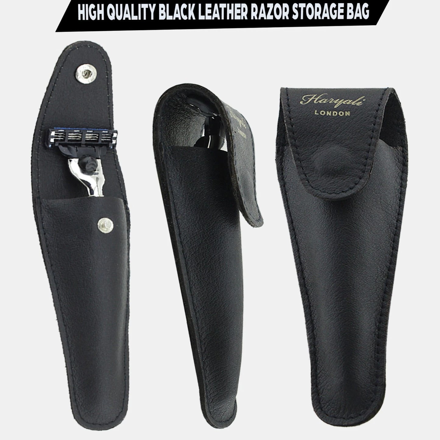Black Leather Razor Pouch Travel Case for 5 Blade Razors - HARYALI LONDON
