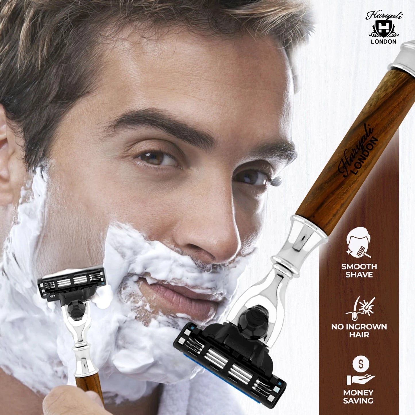 Smart Grip Round 3 Blade Shaving Razor in Wooden Finish - HARYALI LONDON