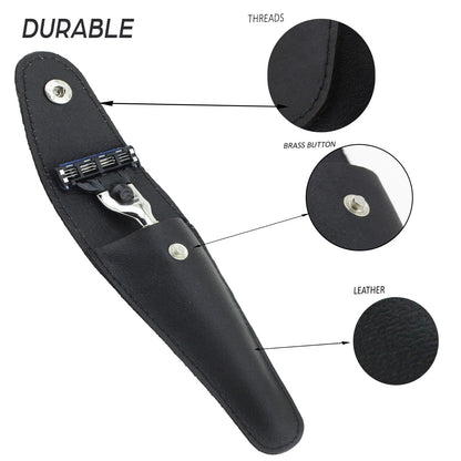 Black Leather Razor Pouch Travel Case for 5 Blade Razors - HARYALI LONDON