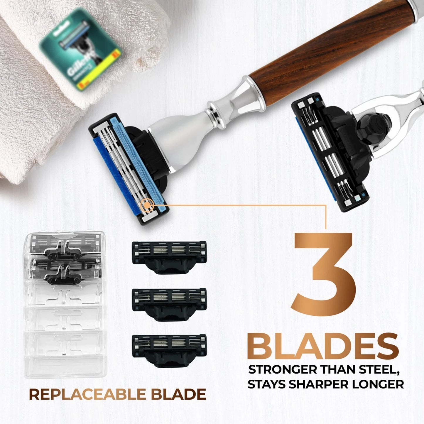 Smart Grip Round 3 Blade Shaving Razor in Wooden Finish - HARYALI LONDON