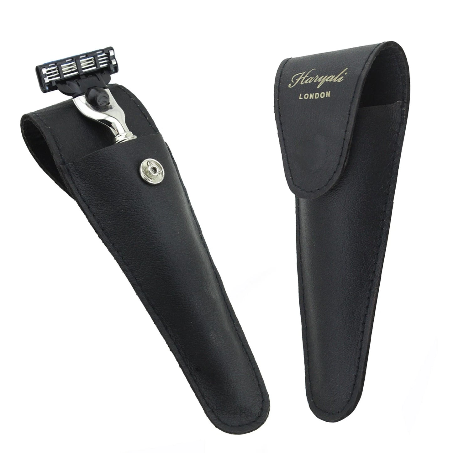 Black Leather Razor Pouch Travel Case for 5 Blade Razors - HARYALI LONDON
