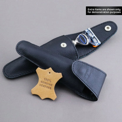 Black Leather Razor Pouch Travel Case for 5 Blade Razors - HARYALI LONDON