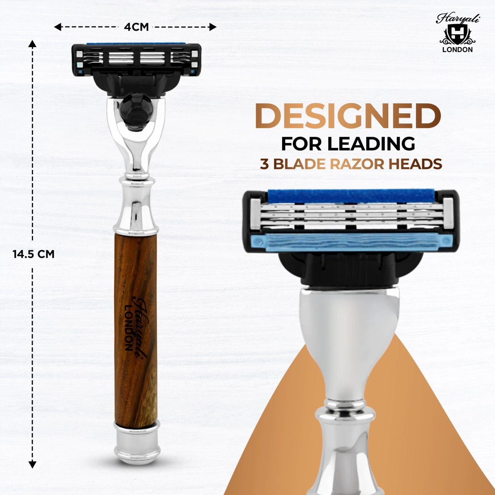 Smart Grip Round 3 Blade Shaving Razor in Wooden Finish - HARYALI LONDON