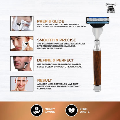 Smart Grip Round 3 Blade Shaving Razor in Wooden Finish - HARYALI LONDON