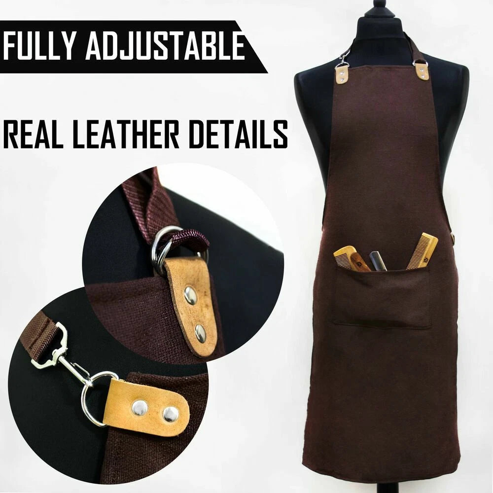 Waterproof Brown Barber Apron with Leather Straps & Pocket - HARYALI LONDON