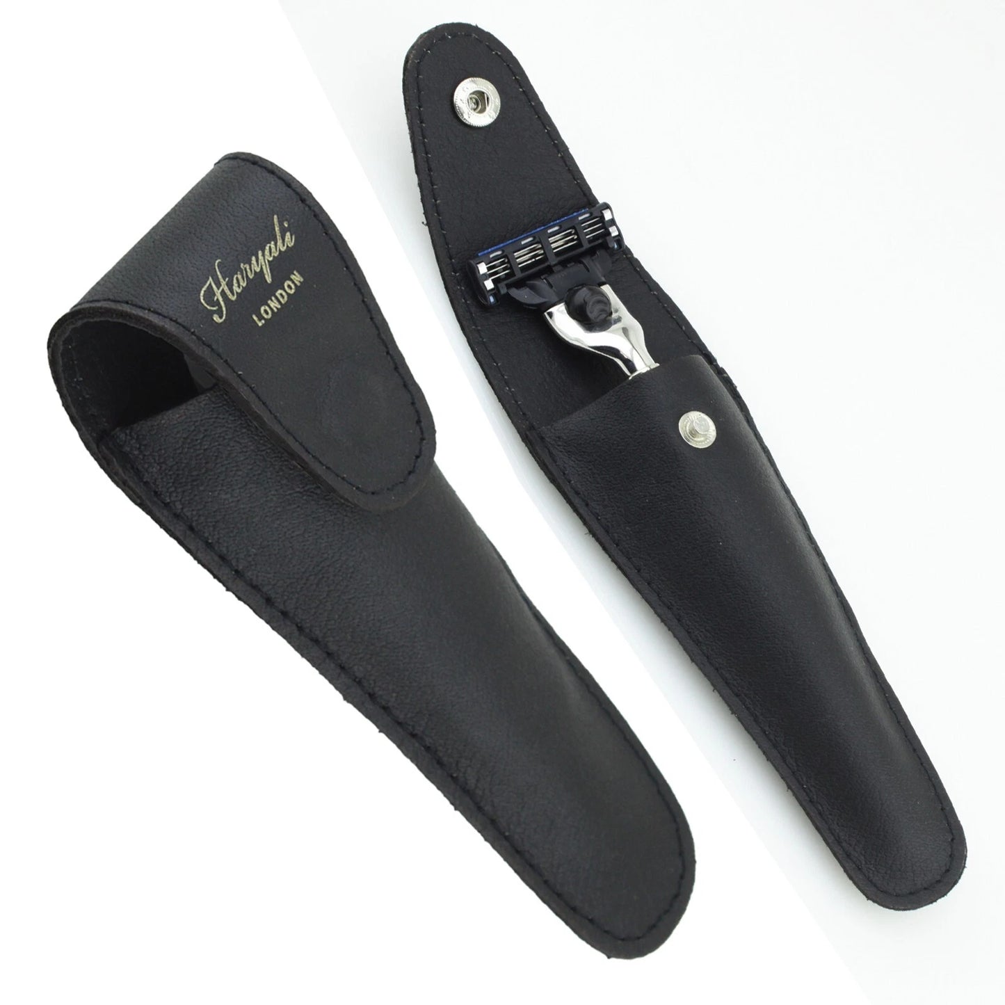 Black Leather Razor Pouch Travel Case for 5 Blade Razors - HARYALI LONDON