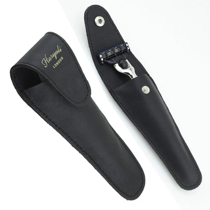 Black Leather Razor Pouch Travel Case for 5 Blade Razors - HARYALI LONDON