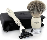 Haryali London 3Pcs Shaving Kit with 3 Edge Razor & Super Badger Brush with Leather Pouch - Shaving Gift Set